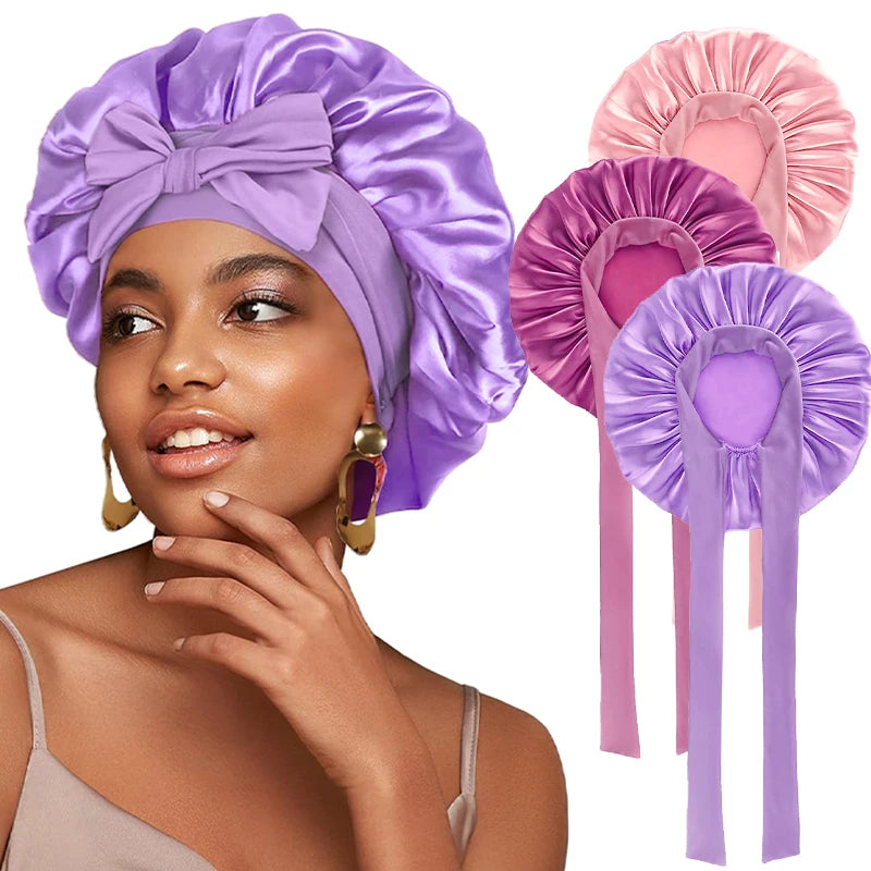 New Satin Solid Sleeping Hat With Stretchy Tie Band Elastic For Women Night Shower Cap Adjustable Hair Head Cover Bonnet Turban