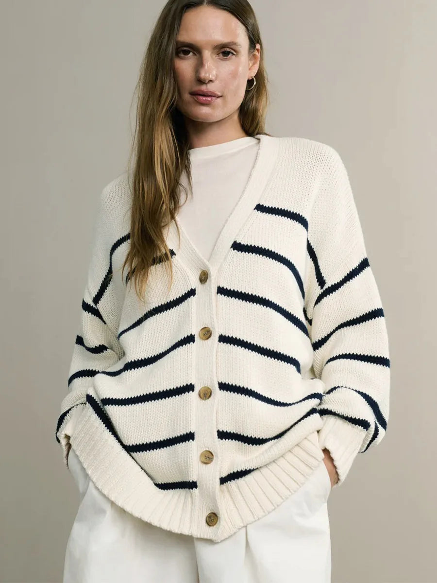 Cozy Autumn Striped Knit Cardigan – V-Neck Button-Up Sweater for Effortless Style