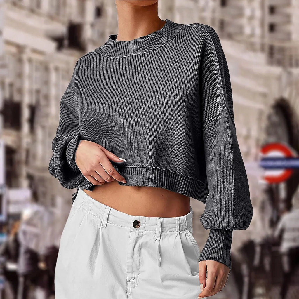ZOMAXIUJEE 2024 Fall Cropped Knit Sweater – Crew Neck, Puff Sleeve, Oversized Pullover for Women