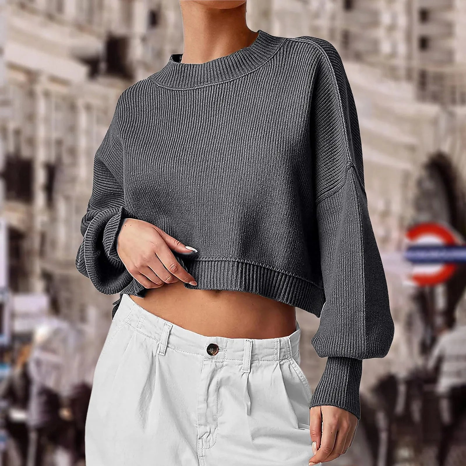 ZOMAXIUJEE 2024 Fall Cropped Knit Sweater – Crew Neck, Puff Sleeve, Oversized Pullover for Women