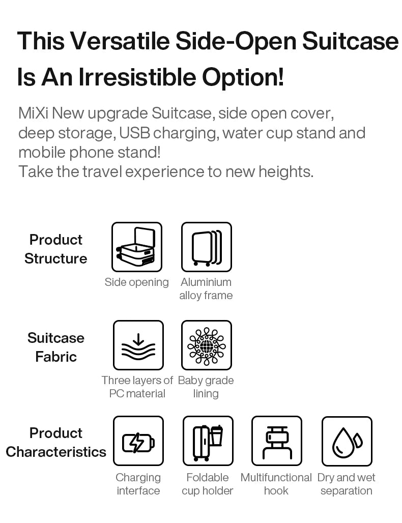 Mixi New Aluminum Frame Suitcase Carry On Rolling Luggage with USB Port Boarding Cabin Cup and Phone Holder 20 24 Inch