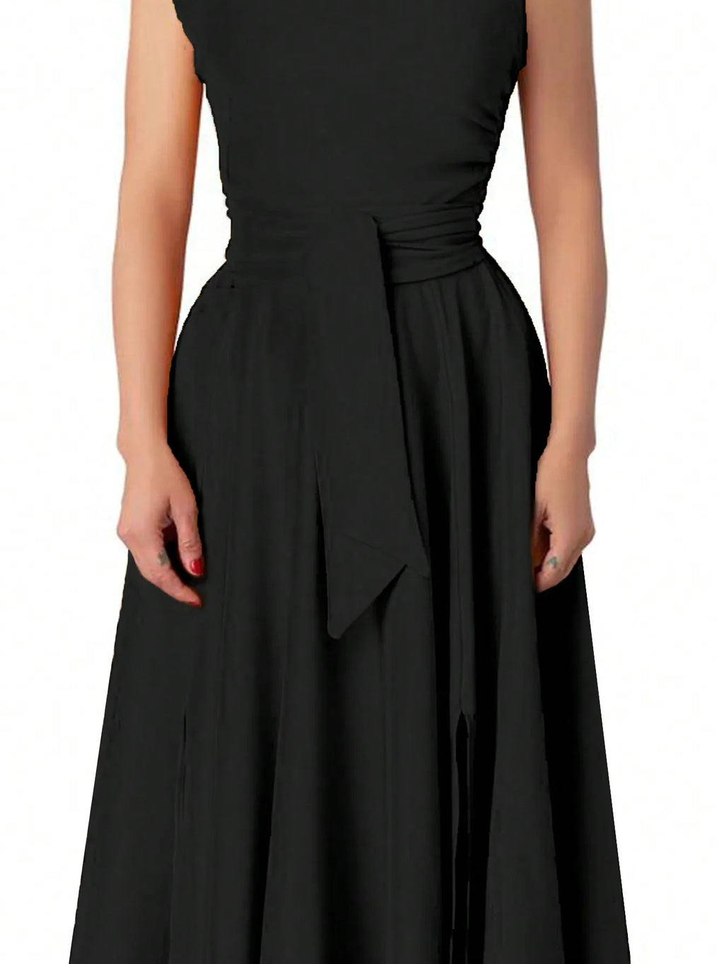 Women's Black Asymmetrical One-Shoulder Maxi Dress with Side Slit and Waist Tie