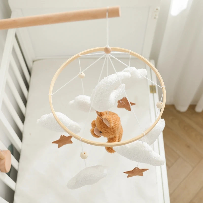 Wooden Crib Mobile Baby Bed Bell Rattle Toy Soft Felt Cartoon Bear Mobile bracket Newborn Music Box Bed Bell Hanging Bracket Toy