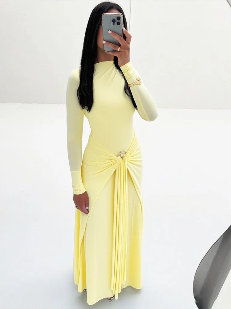 Weird Puss Ruched Elegant Maxi Dress Women Daily Casual Fashion Skinny Full Sleeve Solid Gown Midnight Prom Party Long Bodycon