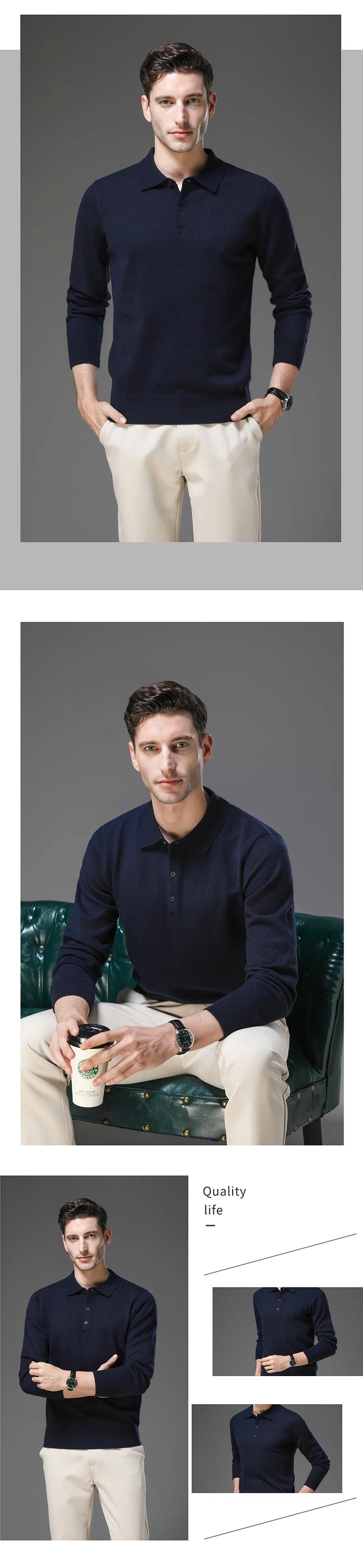 Top Grade Anti-Pilling New Fashion Men Knit Pullover Turndown Collar Autum Winter Slim Fit Warm Sweater Business Casual Jumper