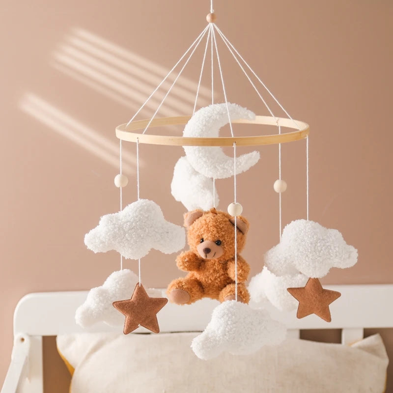 Wooden Crib Mobile Baby Bed Bell Rattle Toy Soft Felt Cartoon Bear Mobile bracket Newborn Music Box Bed Bell Hanging Bracket Toy