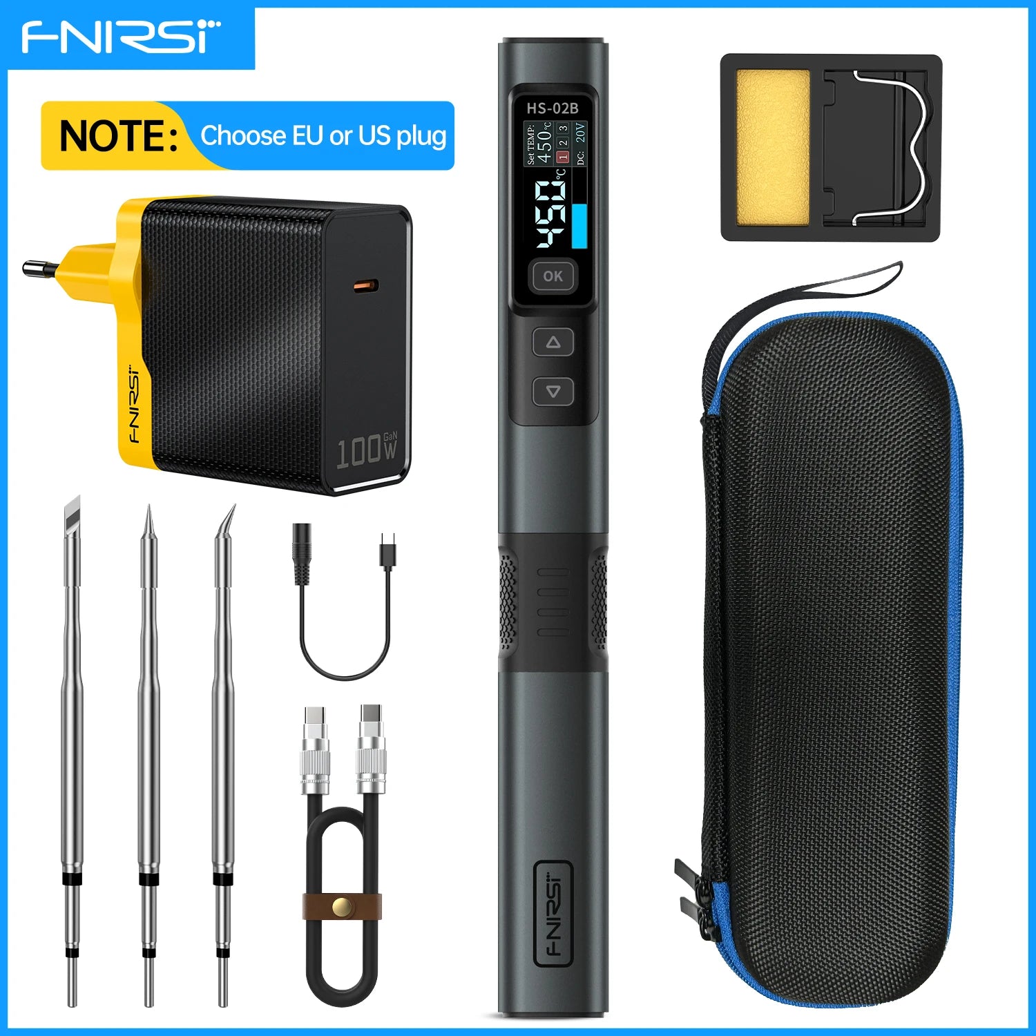 FNIRSI HS-02 Adjustable Temperature Soldering Iron DC 20V 100-450℃ Welding Solder Rework Station PD 100W Portable Repair Tool