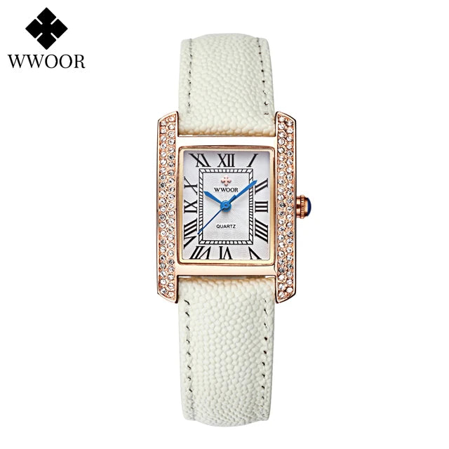 WWOOR Elegant Women's Watches Square Diamond Ladies Watch Waterproof Luxury Brand Leather Quartz Bracelet Watches Zegarek Damski