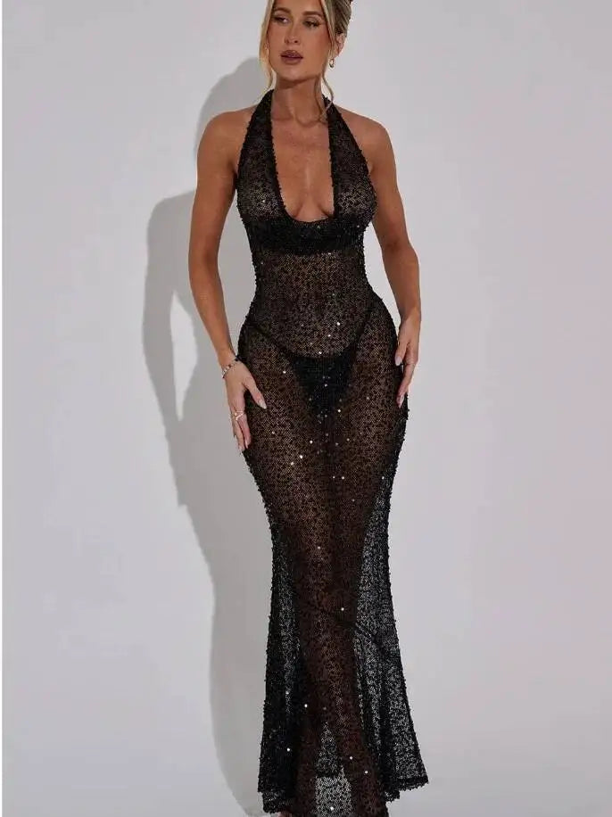 Giyu Sexy Glitter Sparkle Sequined Club Evening Party Dresses Women 2025 Summer Autumn Halter Backless Bodycon Maxi Long Dress