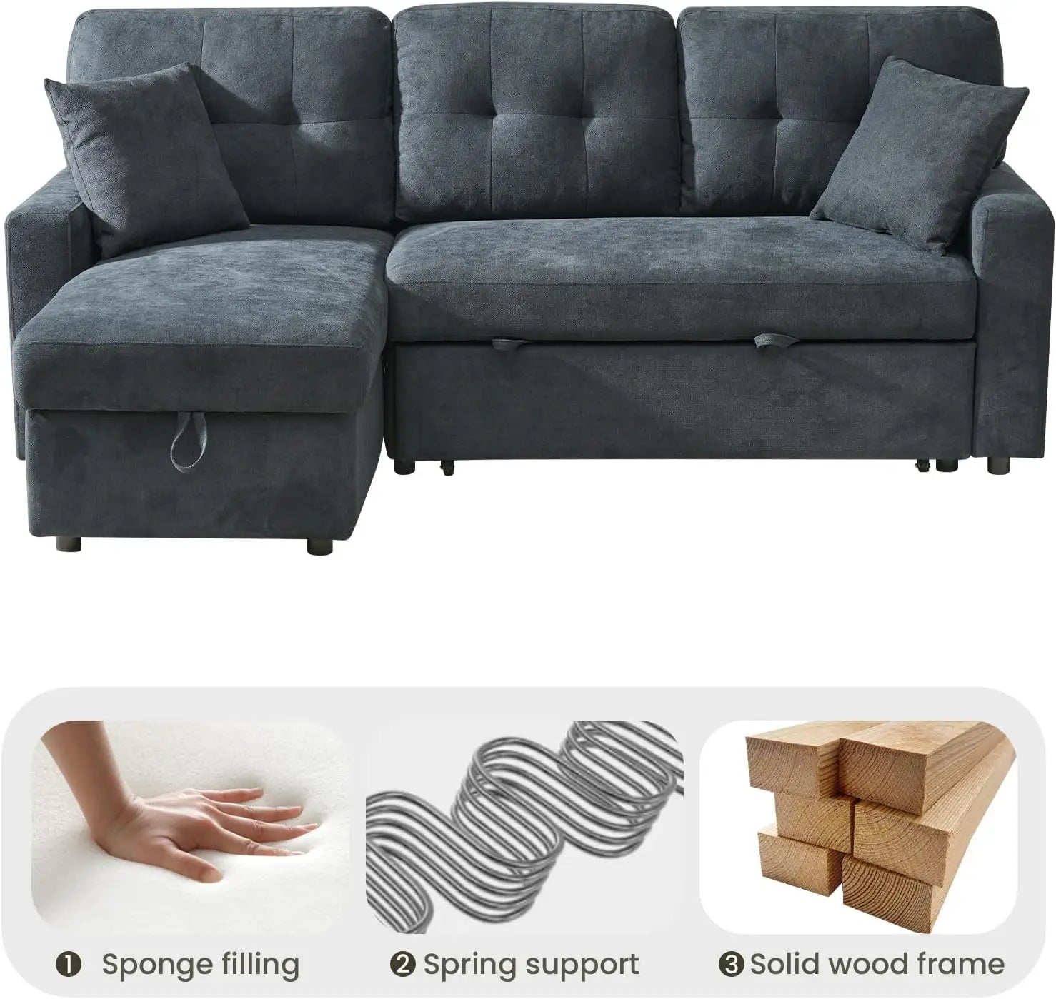 L Shape Sofa with Storage, Pull Out Couch Bed with USB&Type-C Ports, Convertible Sleeper Sofa