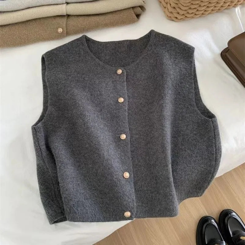 Crew Neck Women's Korean Solid Button Short Sleeve Cardigan Coats Sweater Knitted Sleeveless Ladies Elegant Tanks Bottoming