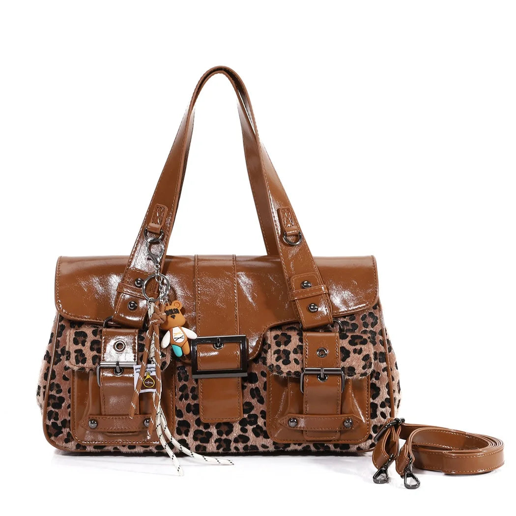 Venn Angel PU Handbg Women's Leopard Shoulder Bag Soft Fashion Tote Large Capacity Crossbody Shoulder Bag Bronze Handbag Purse