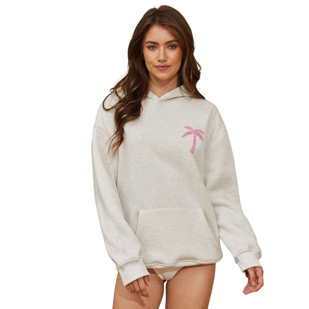 Women’s Coconut Tree Embroidered Hoodie – Loose Waffle-Knit Pullover