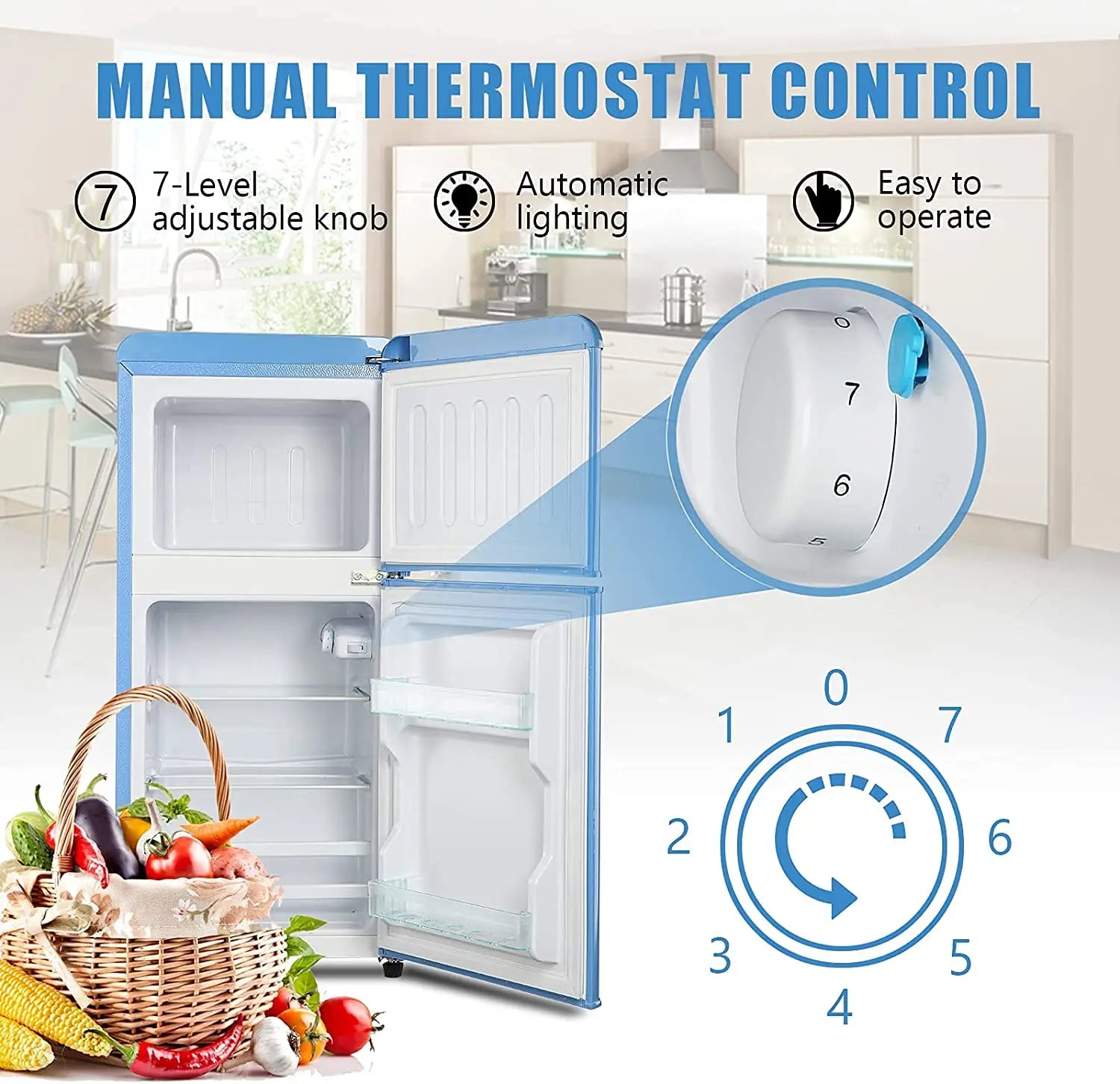 3.2 Cu.ft  Double Door Compact Refrigerator, Mini Fridge with Freezer, Retro Design Small Drink Chiller for Home, Office