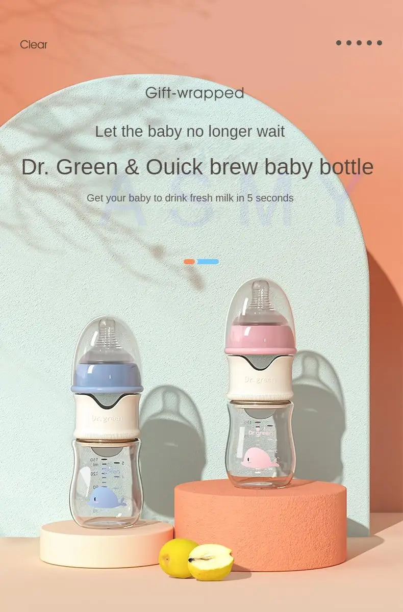 Dr.Green Newborn Baby Bottle Glass 150ml/240ml Wide Mouth Bottle Sealed isolation Fast milk filling Removable/Washable Bottles
