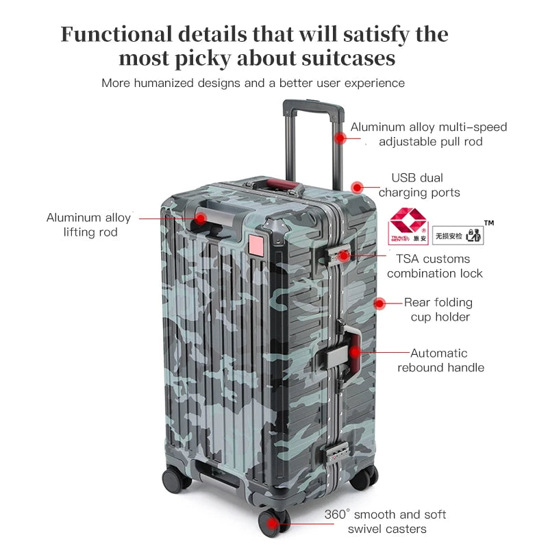 Suitcase Wide Handle Travel Suitcase Men 20 24 26 Carry-On Luggage Women PC Aluminum Frame Trolley Case
