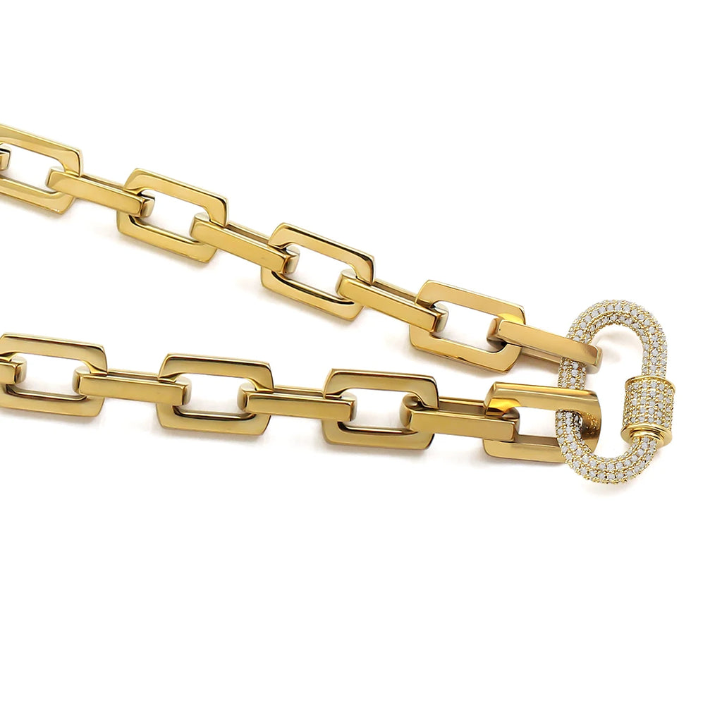 18K Gold & Silver Chunky Paperclip Chain Necklace | Zircon Carabiner Lock Minimalist Jewelry