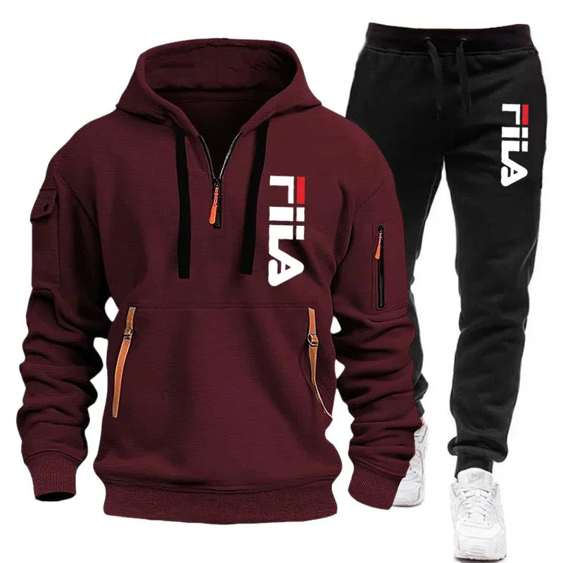 Autumn and Winter 2025 new men's hooded sweatshirt + pants two-piece set, outdoor multi-pocket men's pullover sportswear set