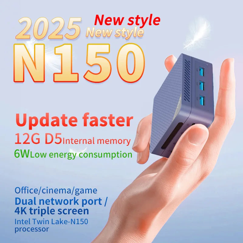N150 Mini PC — Dual Gigabit LAN, Triple Display (DP), 4K Playback, 12GB RAM, 500GB Storage