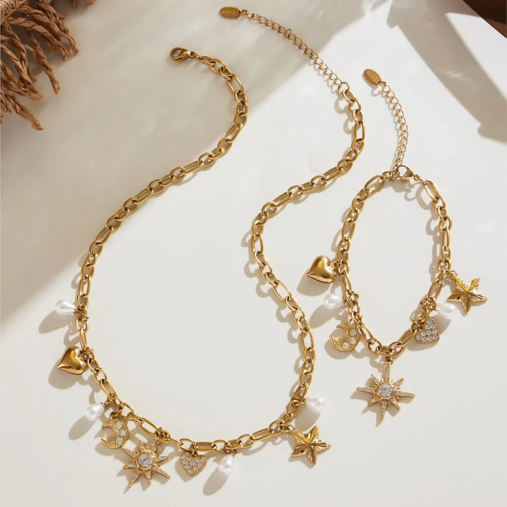 Zircon Heart, Star & Moon Jewelry Set | 18K Gold-Plated Stainless Steel Necklace & Bracelet