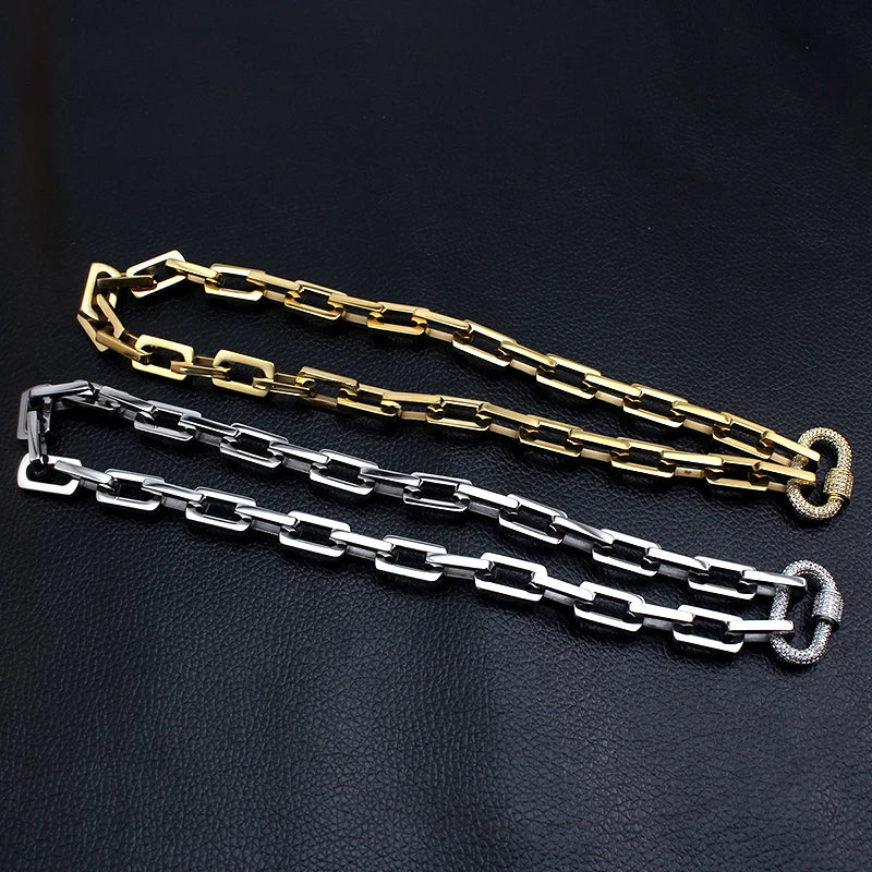 18K Gold & Silver Chunky Paperclip Chain Necklace | Zircon Carabiner Lock Minimalist Jewelry