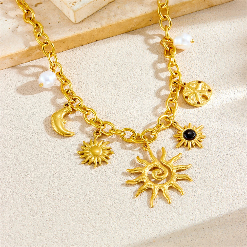 Golden Starfish Moon & Sun Pendant Necklace | 316L Stainless Steel Romantic Chain for Women