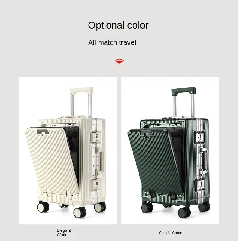Suitcase Front Opening Pocket Aluminum Alloy Frame Rolling Luggage with USB Charging Plug Trolley Carry-on Case Bag with Wheel