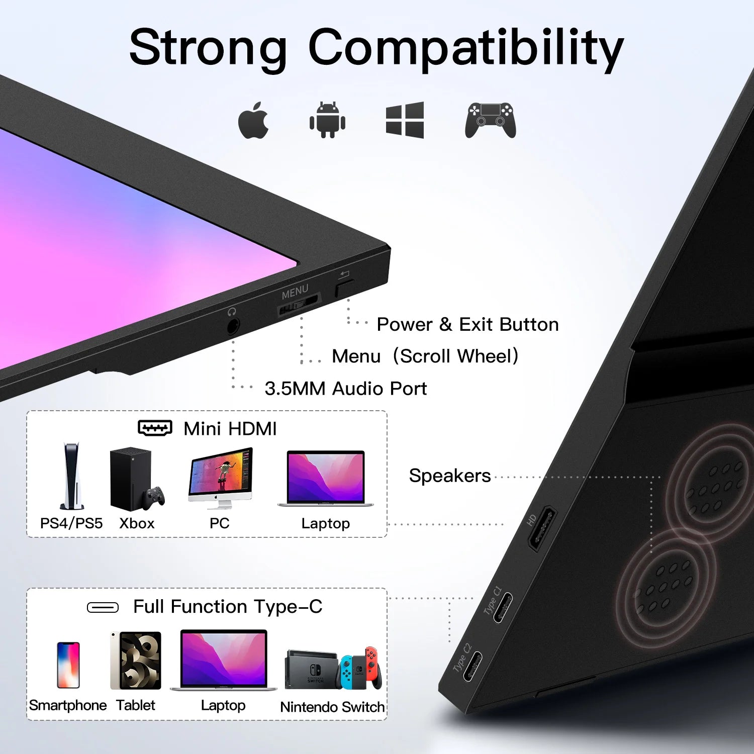 15.6" Portable Monitor — 1080p IPS | 72% NTSC / 100% sRGB | Dual USB-C + mini HDMI | Speakers