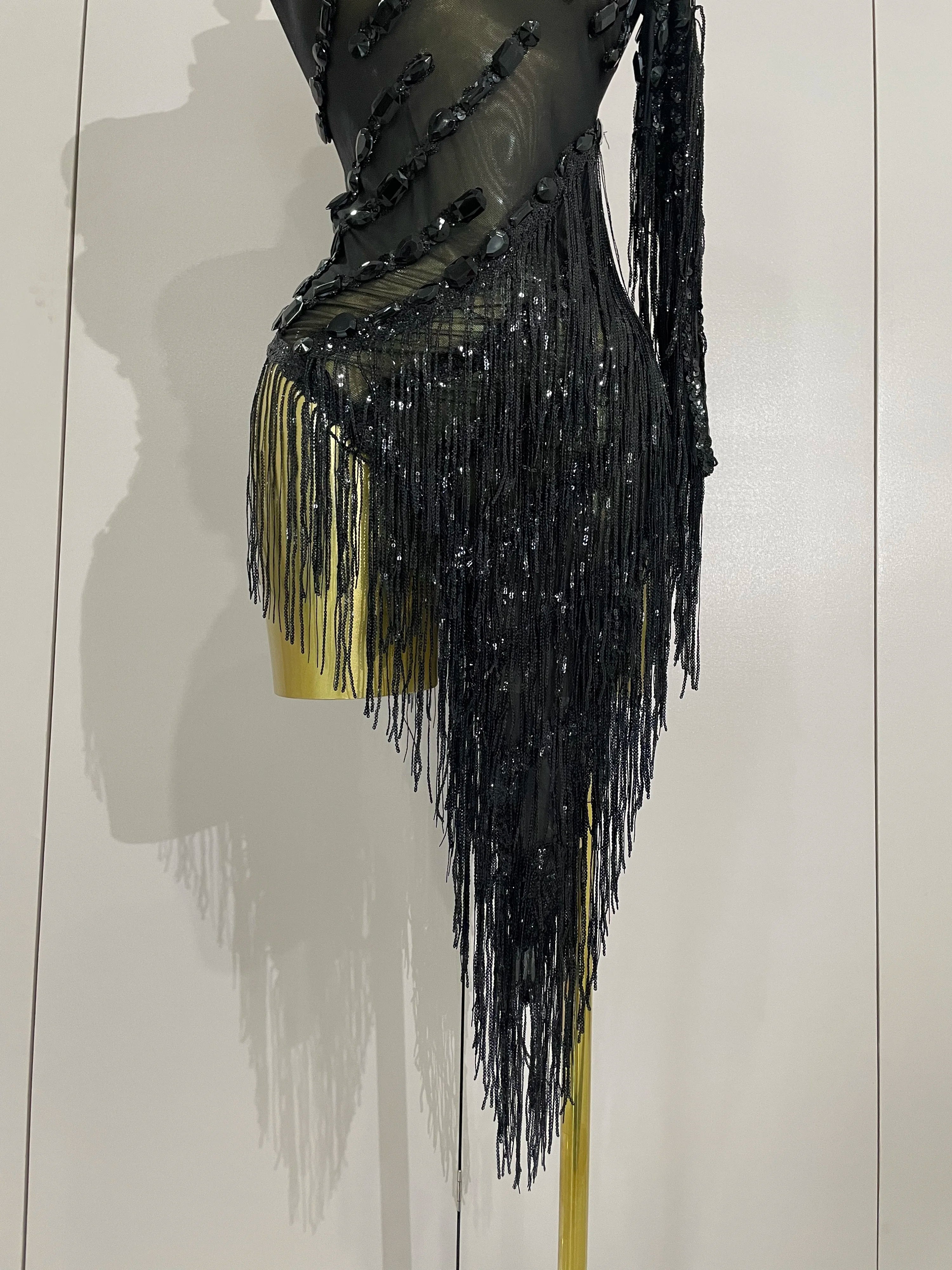 New Stage Costume Sparkly Rhinestones Tassel Sexy See-Through Dress Women One Shoulder Latin Dance Bars Nightclub Party Outfits