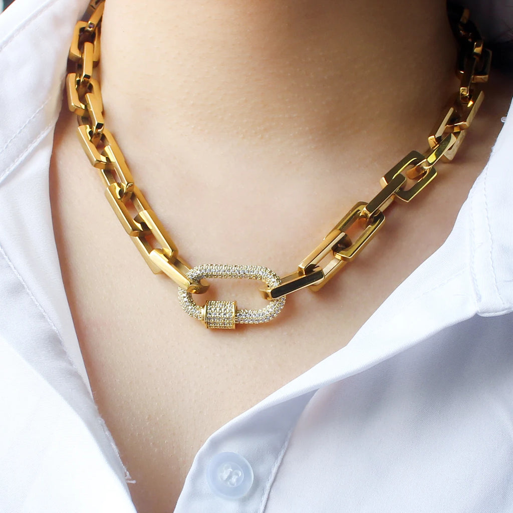 18K Gold & Silver Chunky Paperclip Chain Necklace | Zircon Carabiner Lock Minimalist Jewelry