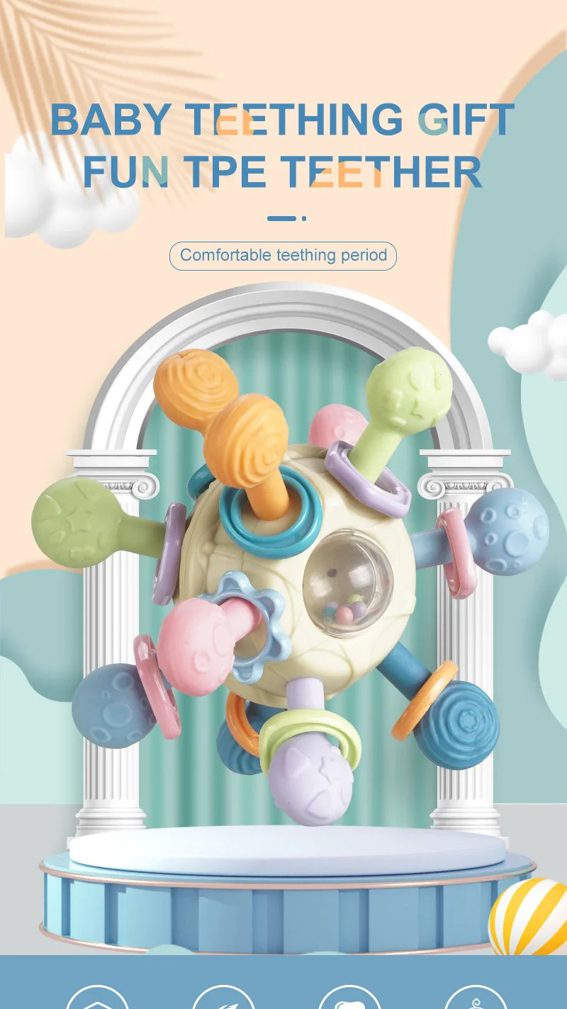 Baby Toys 0 12 Months Rotating Rattle Ball Grasping Activity Baby Development Toy Silicone Teether Baby Sensory Toys for Babies