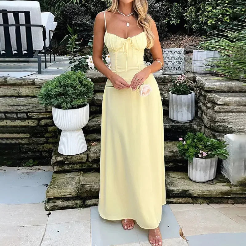 Casual Women High Waist A-line Sling Dress Sleeveless Cinched-waist Pleated Slim Long Dresses 2026 Lady Vacation Street Gowns