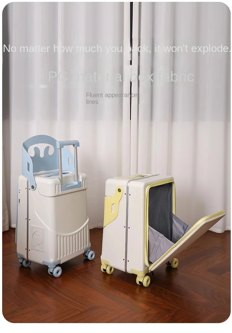 2025 New suitcase for children can Sit 20/22 inch Ride on Luggage Front Opening Sturdy Thickened Travel suitcase with Cup Holder