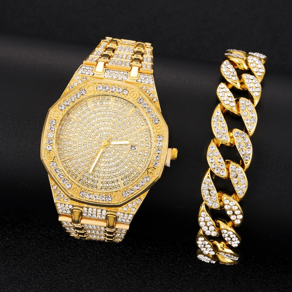 Women’s Full Iced-Out Watch Set | Green Dial Luxury Bling with Cuban & Tennis Chain Bracelets