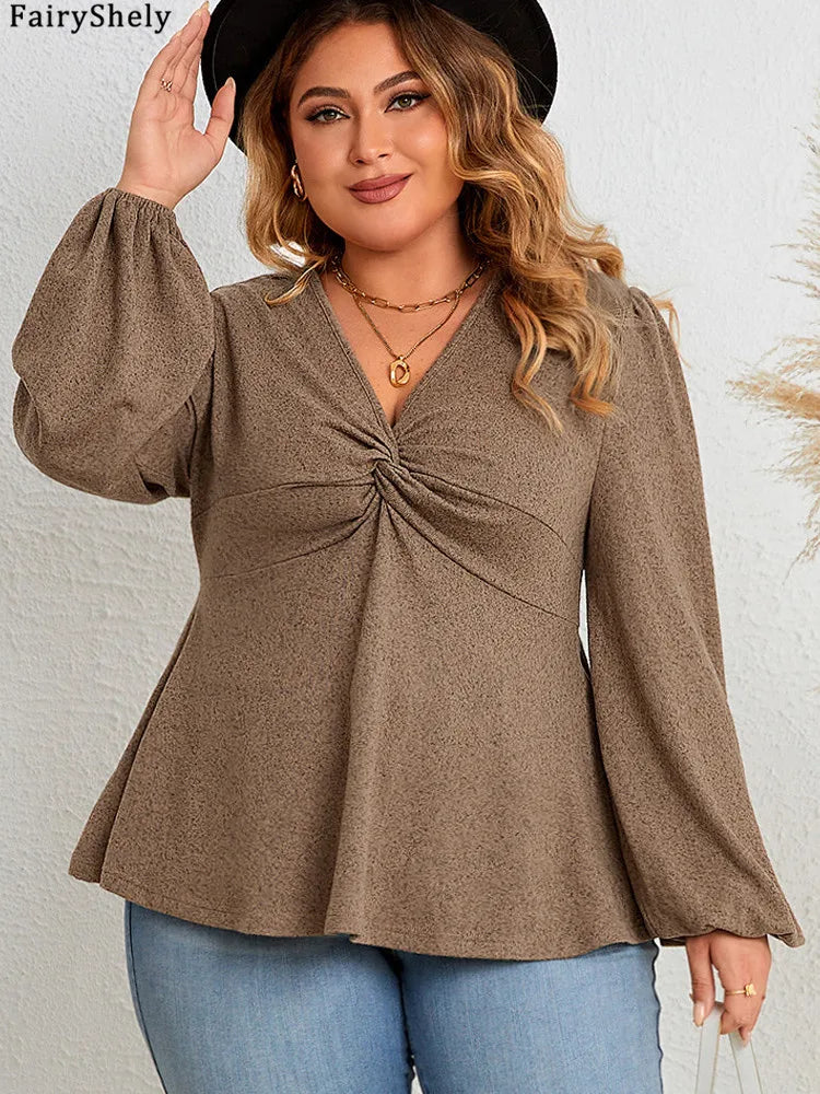 FairyShely Plus Size V-Neck Long Sleeve Top – Brown Casual Pullover for Spring & Autumn