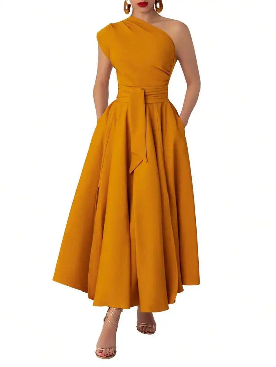 Women's Black Asymmetrical One-Shoulder Maxi Dress with Side Slit and Waist Tie