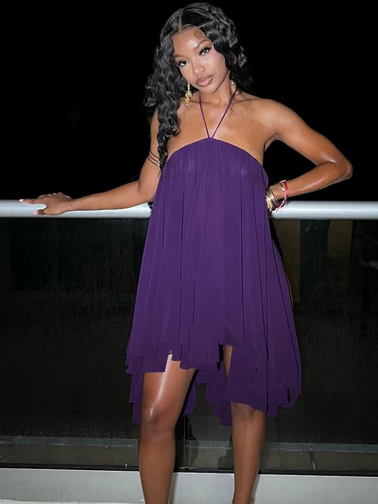 Nibber Asymmetrical Hem Dress Women Halter Bandage Sleeveless Backless Solid Beach Party Sexy 2026 Summer New Trend Mini Bodycon