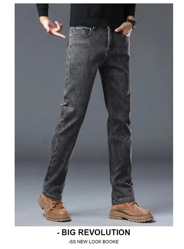 2025 New Winter Men Black Straight Stretch Denim Thick Velvet Pants Warm Jeans Casual Fleece Line Trousers Male Plus Size
