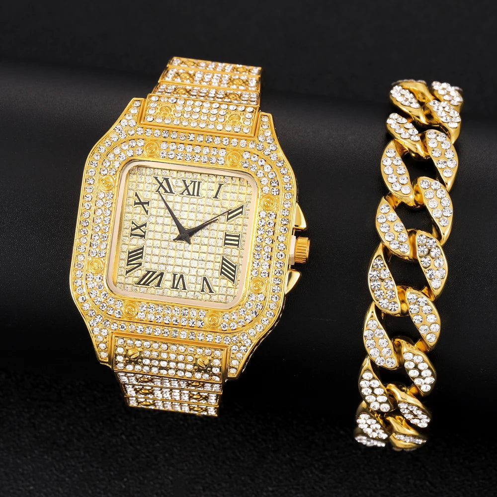 Women’s Full Iced-Out Watch Set | Green Dial Luxury Bling with Cuban & Tennis Chain Bracelets