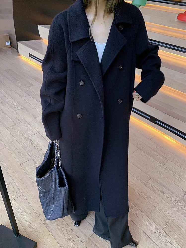 Double Breasted Office Lady Cashmere Woolen Jackets 2025 Autumn And Winter Stand Collar Loose Lace-Up Women's Long Wool Coats