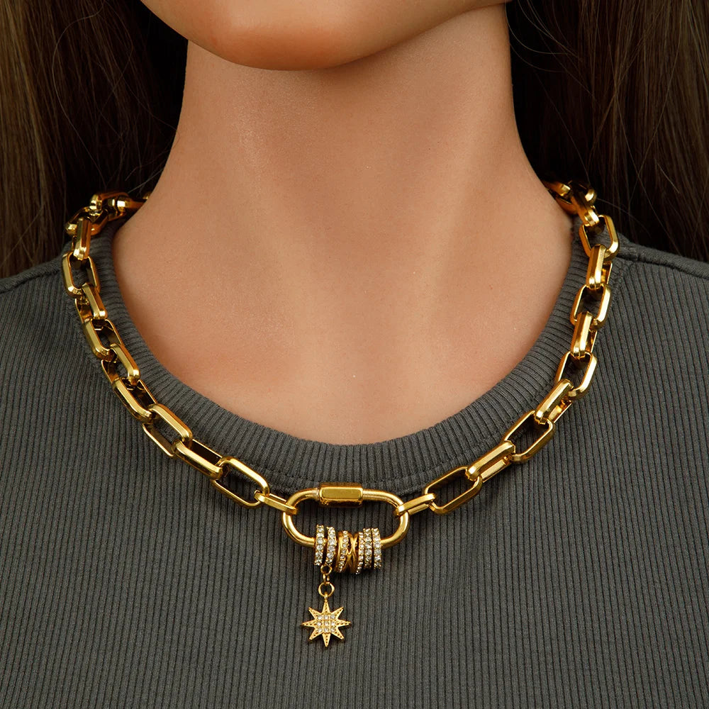 18K Gold-Plated Carabiner Necklace | Waterproof Stainless Steel Chain with Zircon Star Charm