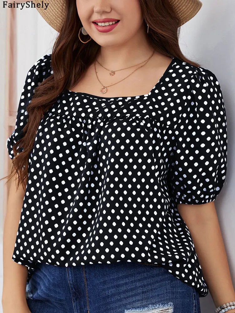 FairyShely Plus Size Square Collar Summer Top – Elegant Short Sleeve Casual T-Shirt for Women