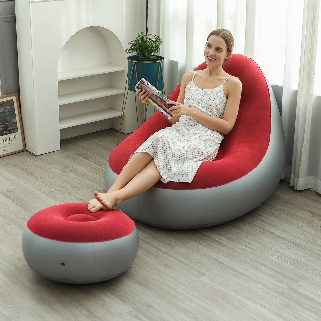 Inflatable Lounge Chair for Adults, Folding Portable Lazy Sofa with Foot Stool ,Air Couch Sofa for  Livingroom and Bedroom