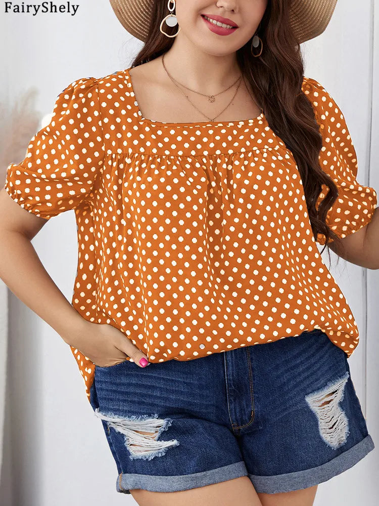 FairyShely Plus Size Square Collar Summer Top – Elegant Short Sleeve Casual T-Shirt for Women