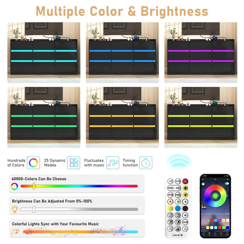 9 Drawer Dresser with Power Outlet & LED Light, Modern Chest of Drawers for Closet, 63" Drawer Organizer Cabinet for Bedroom