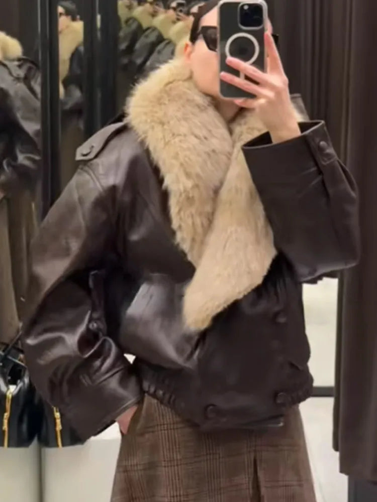 Vintage Fur Collar Women Leather Jacket Lapel V-neck Full Sleeve Double Breasted Bomber Jackets Lady Winter High Street Outwear