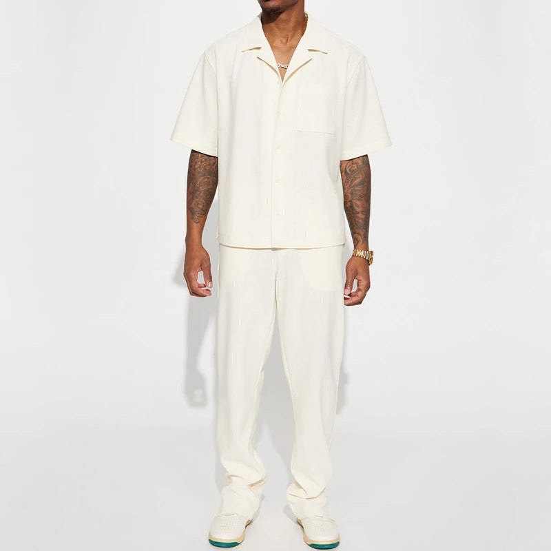 Lipswag Men’s 2-Piece Solid Set — Short-Sleeve Lapel Shirt & Drawstring Pants