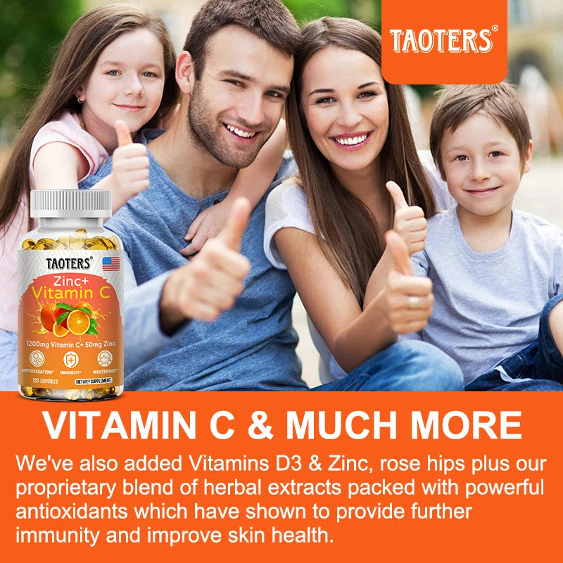 Taoters Vitamin C + Zinc Supplement - High Absorption - Immune System, Skin Health Vitamins - Antioxidant Supplement