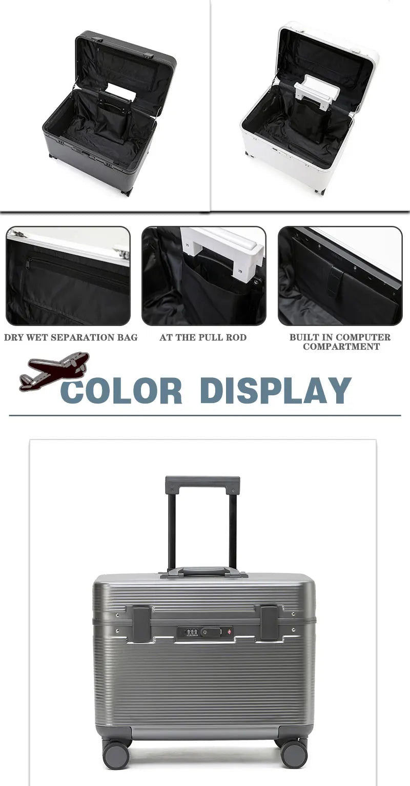 Aluminum Alloy Frame Suitcase, Top-Opening ABS Portable Trolley Case, Universal Wheels, Customs Code Lock Boarding Case