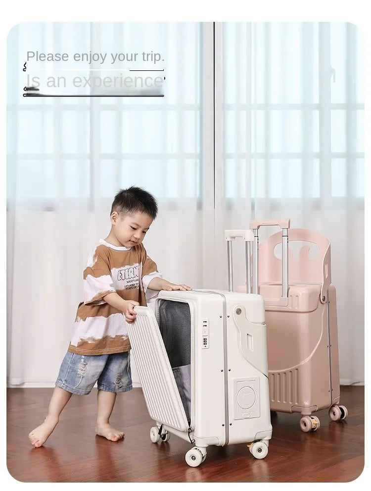 2025 New suitcase for children can Sit 20/22 inch Ride on Luggage Front Opening Sturdy Thickened Travel suitcase with Cup Holder